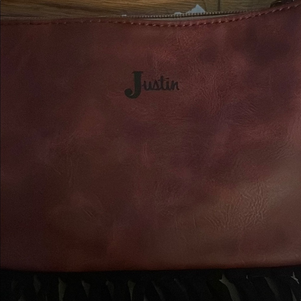 Justin Convertible Bag Wristlet Black Red Animal Print Leather Fringe Western NW - Picture 3 of 4